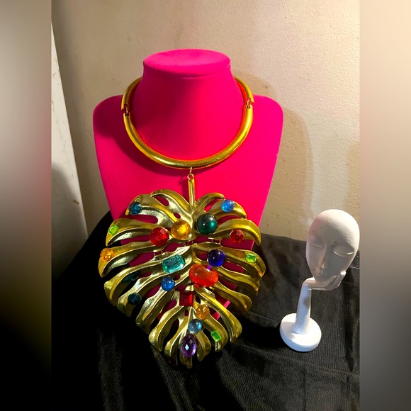 unbranded Jewelry - Monstera Leaf Necklace Bejeweled, up-cycled, 1 of kind-Gemstones hand placed
